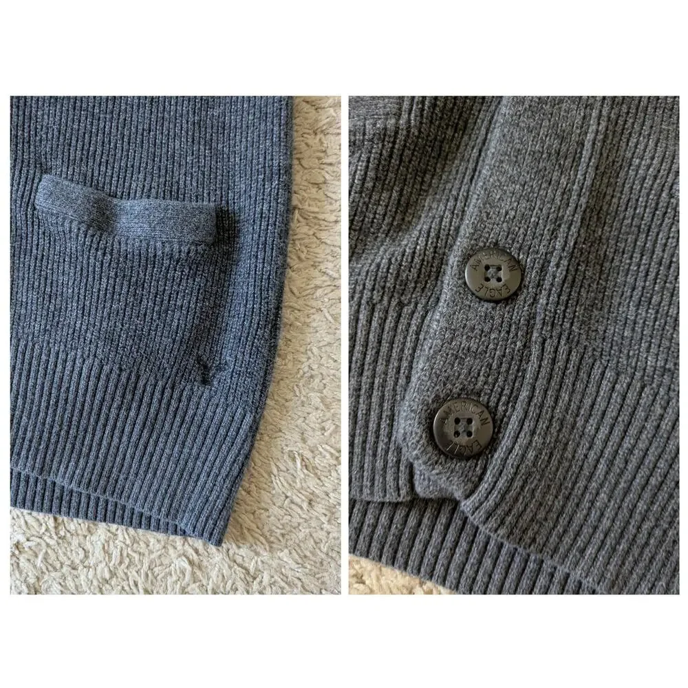 Y2K American Eagle Shawl Cardigan Men S Gray Grandpacore Ribbed Preppy Old Money